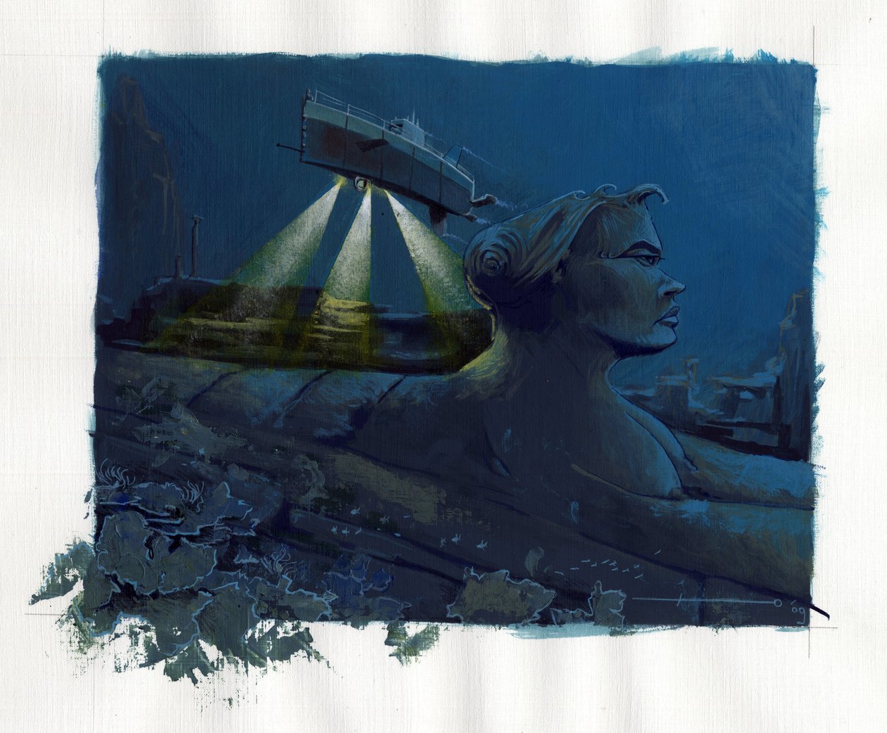 Az Atlantisz-tenger (Atlantisz) alatt eltűnt sziget mítoszának illusztrációja: egy tengeralattjáró (tengeralattjáró) felfedezi a legendás sziget fenekét és felfedezi a romjait. Alessandro Lonati színes rajza. alkotó: Alessandro Lonati