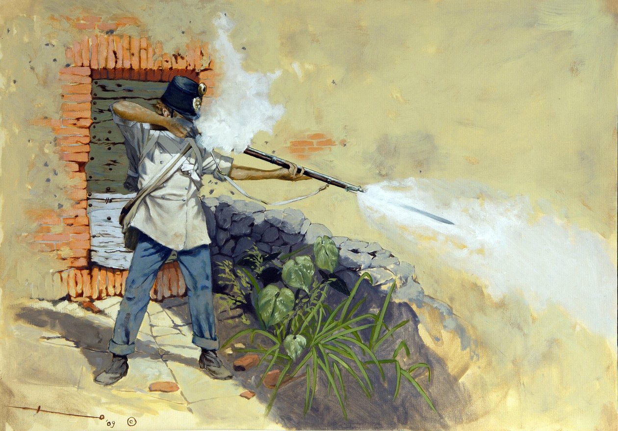 Olasz hadjárat: egy osztrák gyalogos tüzet nyit a solferinói csatában I. Francois-Joseph (Francois Joseph) osztrák-magyar birodalma és III. Napóleon és II. Viktor Emmánuel (Victor-Emmanu) francia-szardíniai koalíciója között. alkotó: Alessandro Lonati