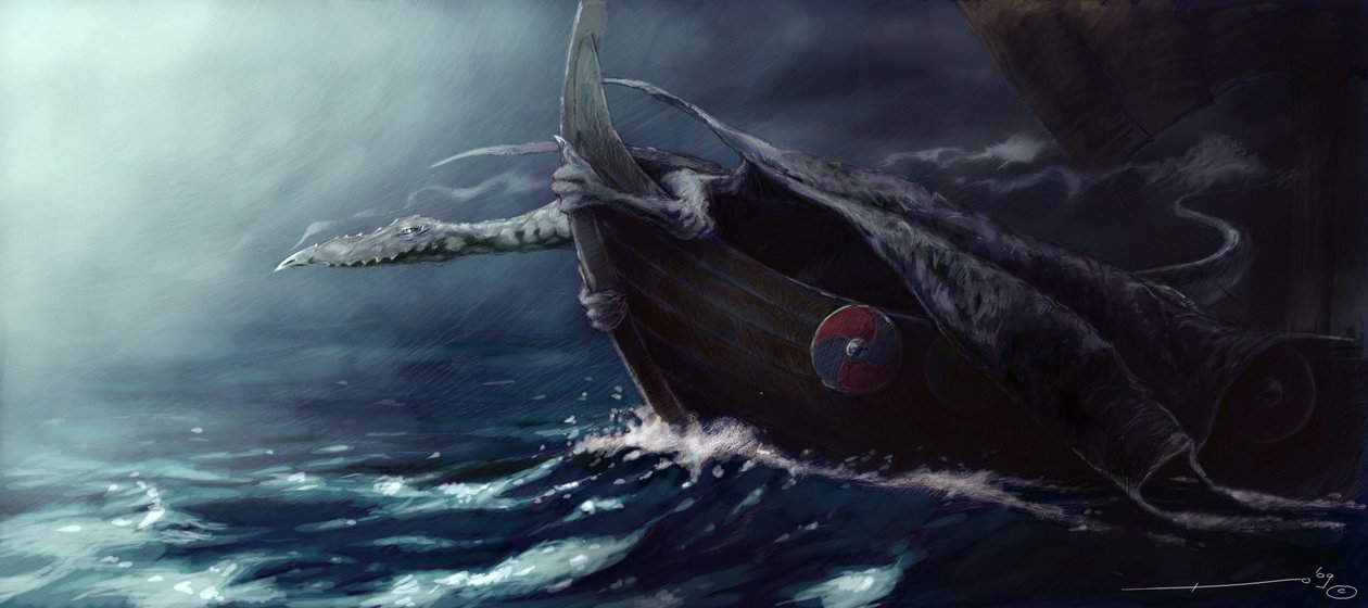 Legendás lény: A sárkány megtámad egy Drakkart (vikinghajó) Alessandro Lonati rajza alkotó: Alessandro Lonati