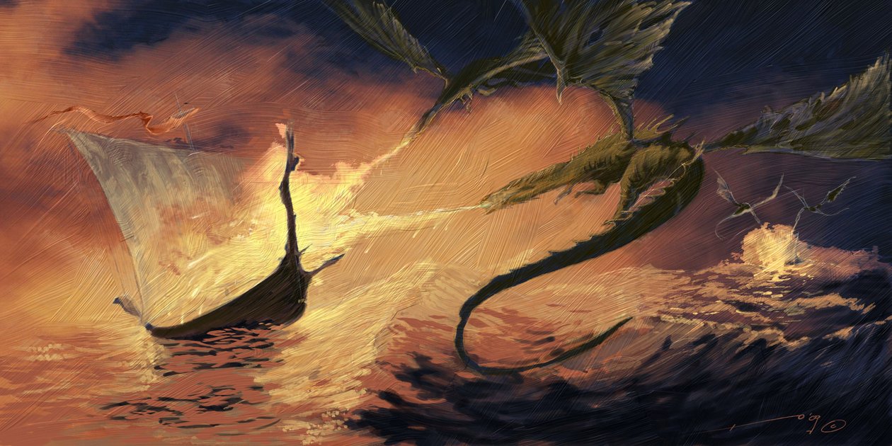 Legendás lény: A sárkány megtámad egy Drakkart (vikinghajó) Alessandro Lonati rajza alkotó: Alessandro Lonati