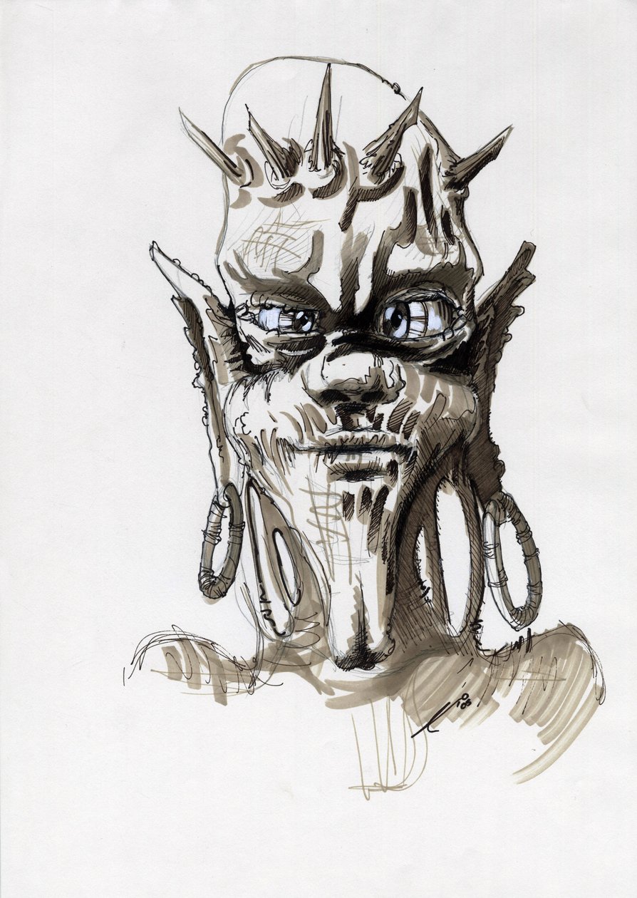 Legendás szörnyeteg fantasy illusztrációhoz: egy törzsi lény vagy troll arca. Alessandro Lonati rajza alkotó: Alessandro Lonati