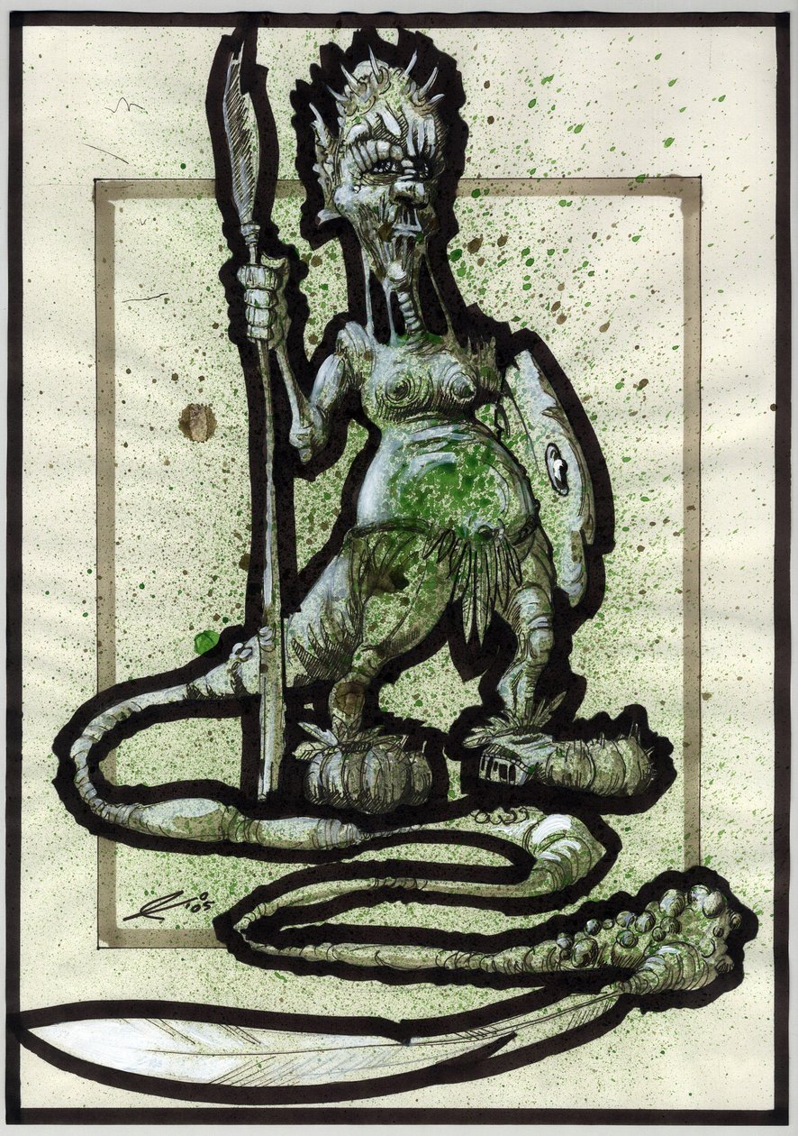 Legendás szörnyeteg fantasy illusztrációhoz: törzsi lény vagy harcos arca lándzsával, pajzzsal és tollfarokkal. Alessandro Lonati rajza alkotó: Alessandro Lonati