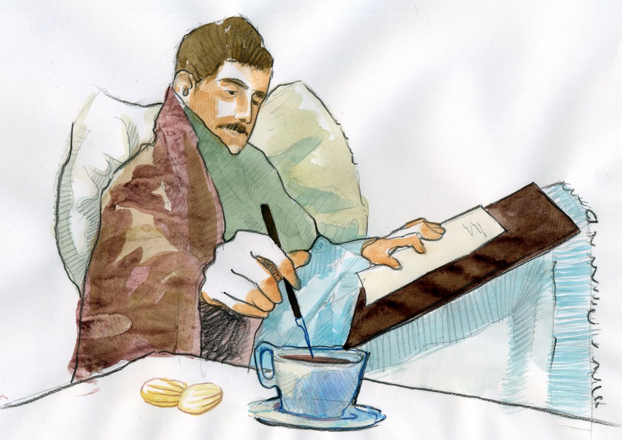 Marcel Proust, mint egy beteg ember, aki Elisabeth nagynénje teájával ír (tinta papíron) alkotó: Alessandro Lonati