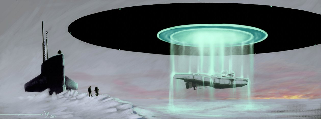 Találkozás az Északi-sarkon egy U-boot tengeralattjáró és egy repülő csészealj (UFO, UFO vagy alien) között a háború alatt idegenek által elfoglalt tengeralattjáró visszaállítása céljából. Alessandro Lonati rajza alkotó: Alessandro Lonati