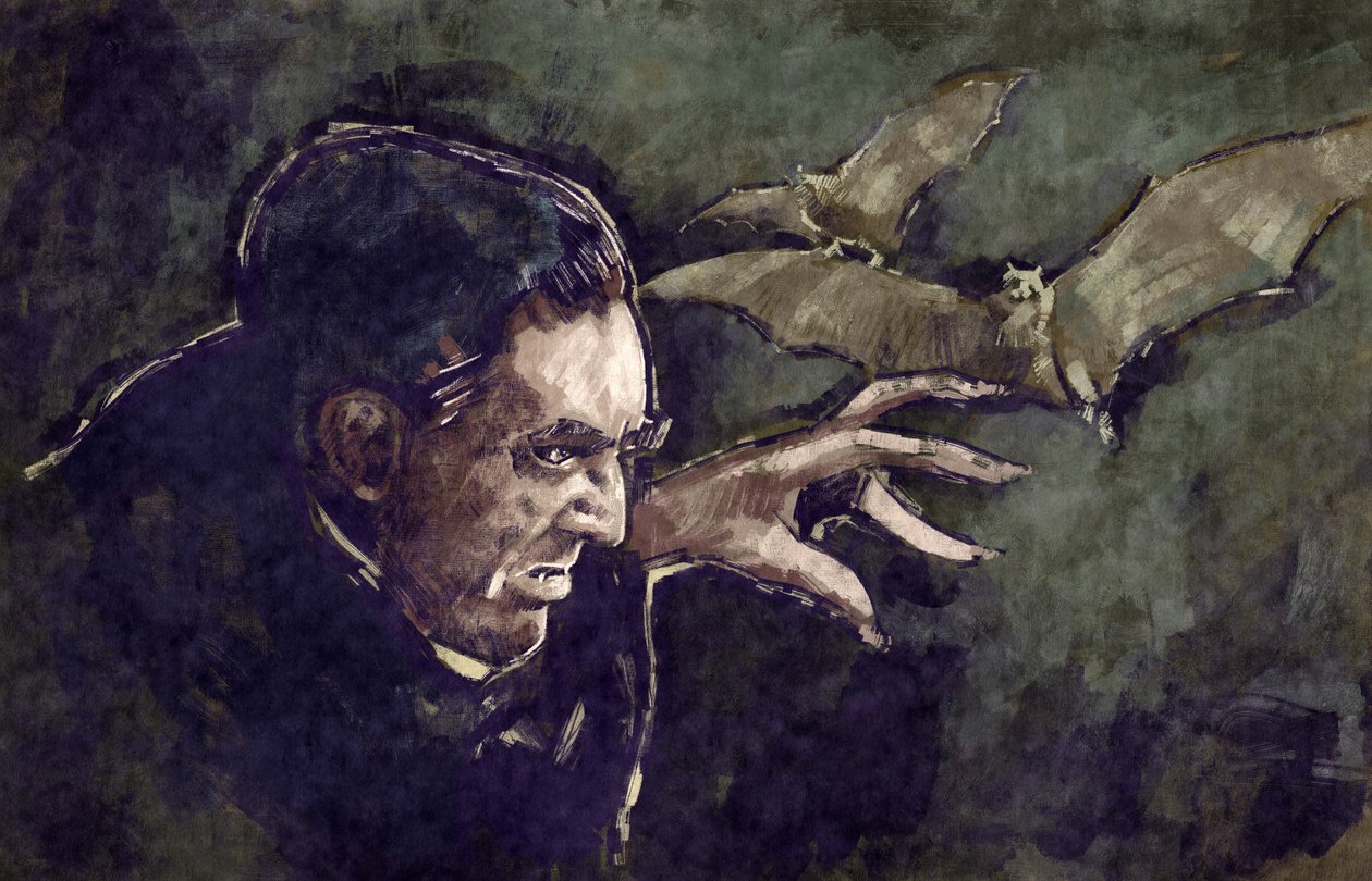Lugosi Béla magyar színész portréja Drakula gróf szerepében (illusztráció) alkotó: Alessandro Lonati