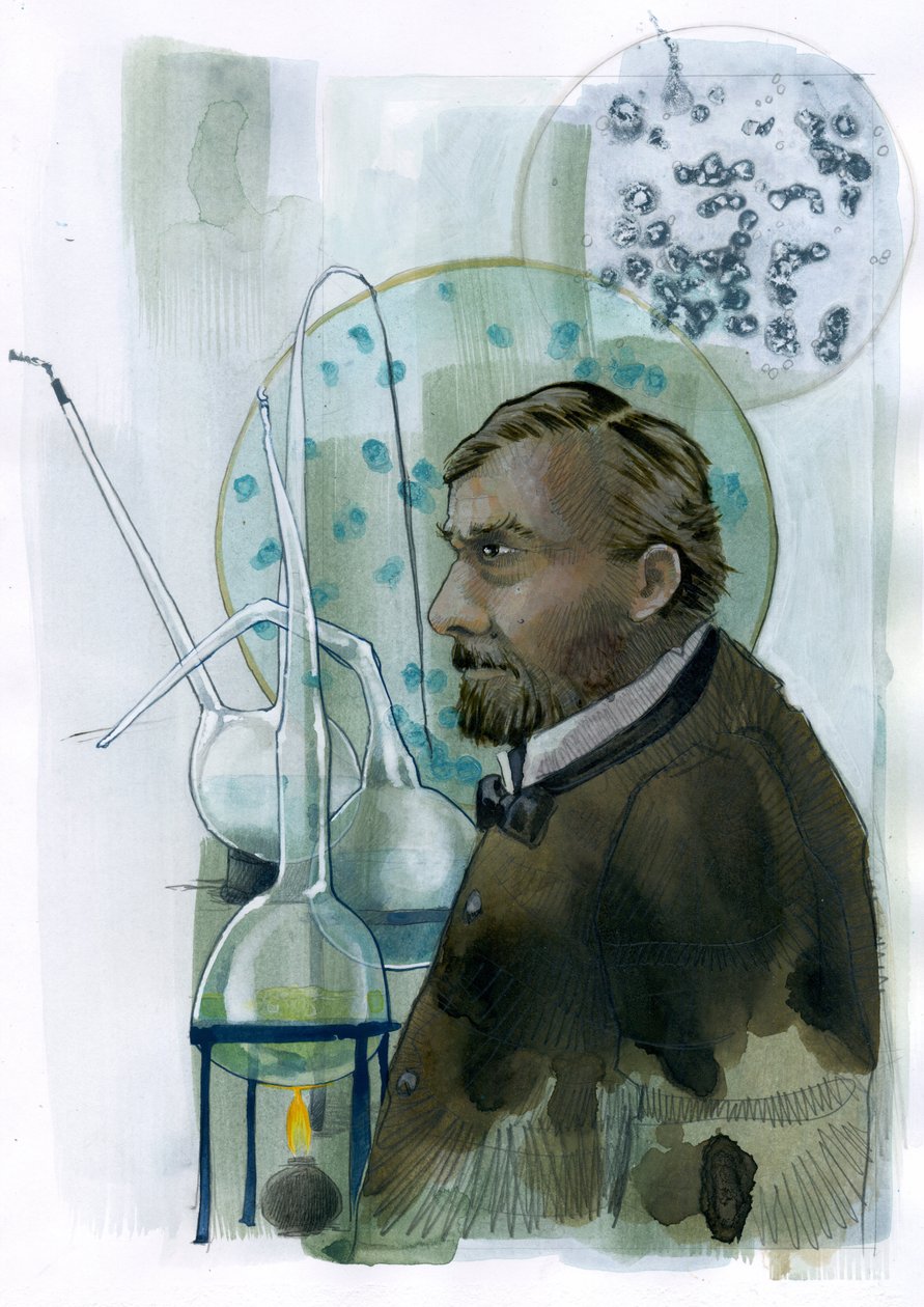Louis Pasteur (1822-1895) tudós francais portréja (Louis Pasteur francia kémikus és mikrobiológus portréja, aki híres a vakcinázás, a mikrobiális fermentáció és a pasztőrözés elveinek felfedezéséről) Illusztráció: Alessandro Lonat alkotó: Alessandro Lonati