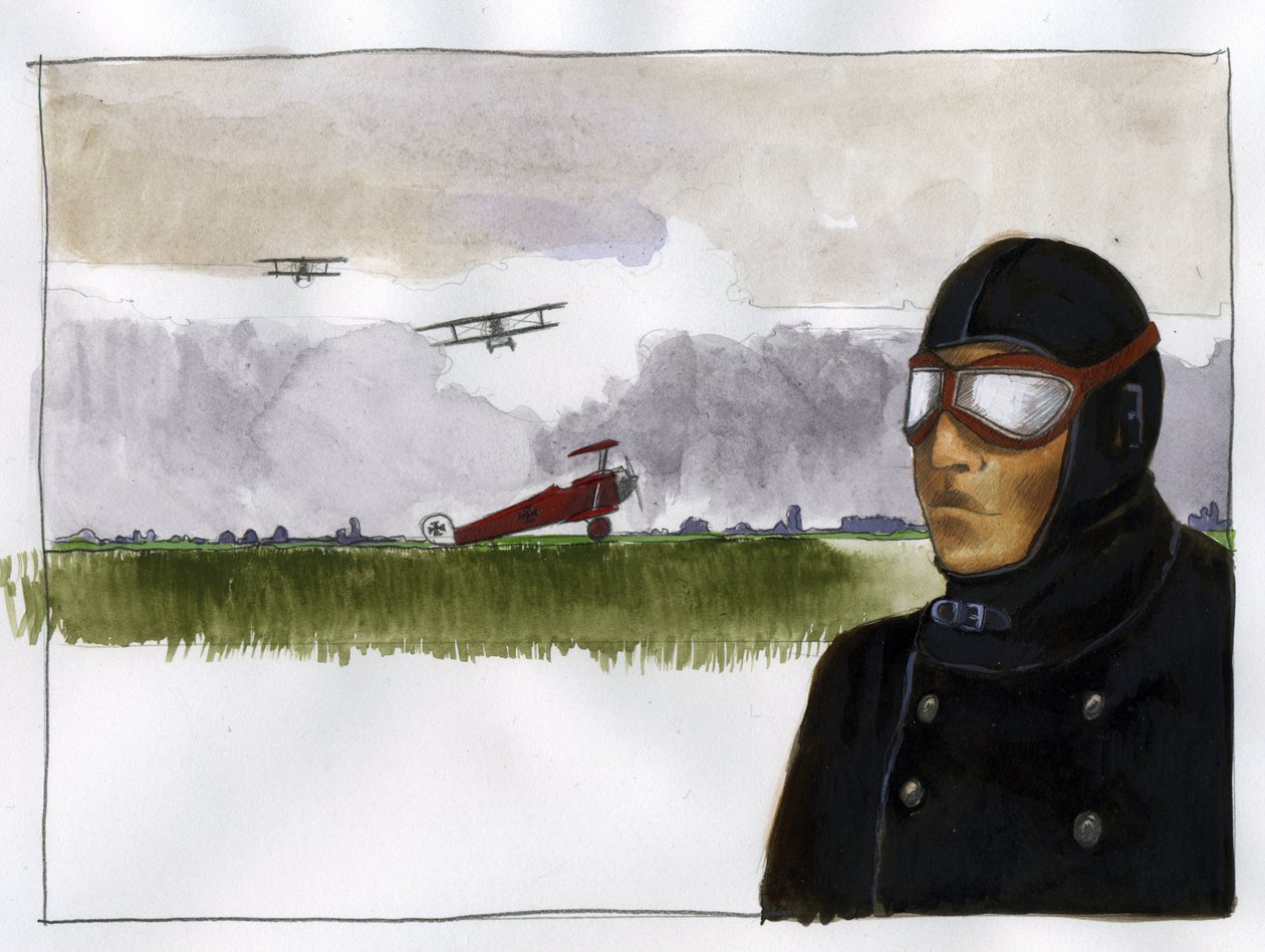 Manfred von Richthofen portréja becenevei a vörös bárót (1892-1918) német repülő (Manfred von Richthofen vörös báró, német vadászpilóta portréja) Illusztráció: Alessandro Lonati alkotó: Alessandro Lonati