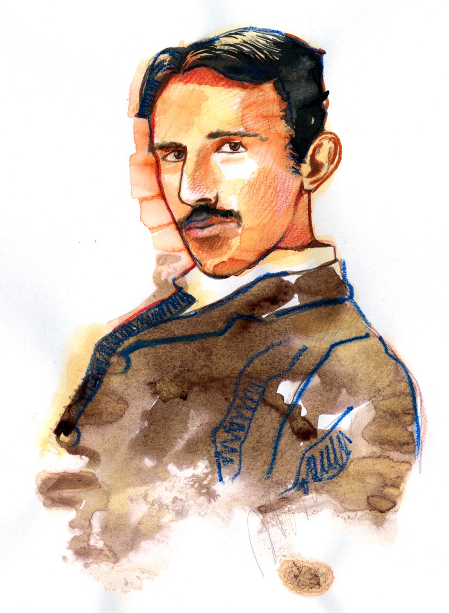 Nikola Tesla szerb származású amerikai feltaláló és mérnök portréja (Nikola Tesla szerb amerikai feltaláló, villamosmérnök, gépészmérnök, fizikus portréja) alkotó: Alessandro Lonati