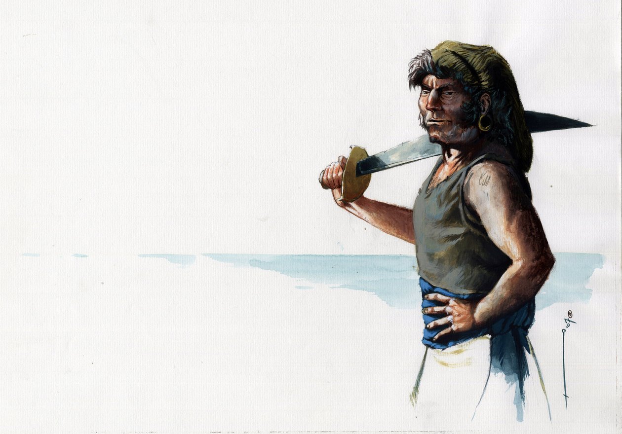 Egy kalóz (magánember) vagy tengerész karddal portréja, aki a tengerre néz. Alessandro Lonati színes rajza. alkotó: Alessandro Lonati