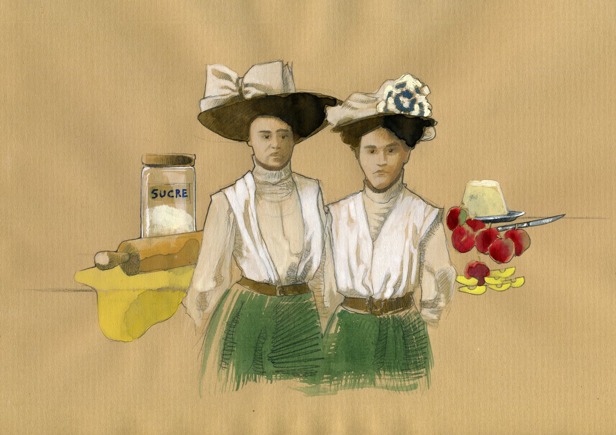 Stephanie (1838-1917) és Caroline Tatin (1847-1911) nővérek portréja, akik feltalálják a francais tatin a de Lamotte-Beuvron en Sologne desszertet (Stephanie és Caroline Tatin nővérek portréja, akik feltalálták a fejjel lefelé fordított péksüteményt, amely alkotó: Alessandro Lonati
