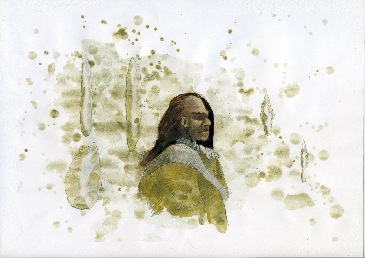 Őstörténet: Neandervölgyi ember kovakőszerszámokkal Illusztráció: Alessandro Lonati alkotó: Alessandro Lonati