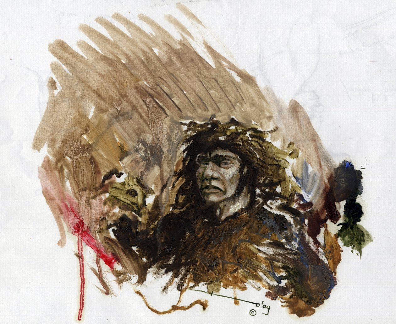 Őstörténet: egy neandervölgyi vagy neandervölgyi ember ábrázolása a középső paleolitikumban. Alessandro Lonati rajza alkotó: Alessandro Lonati