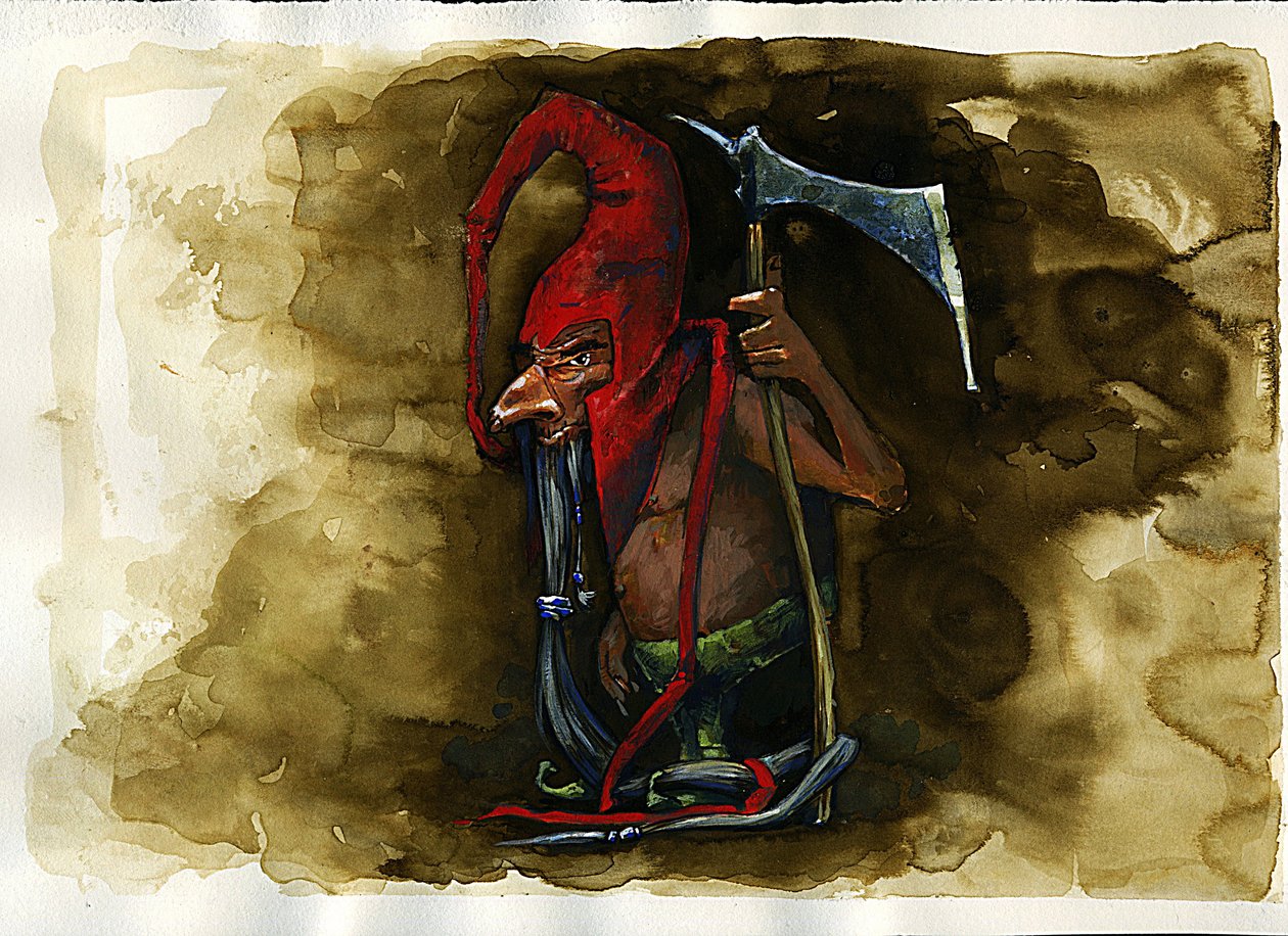 A Goblin család legendás rosszindulatú lényének ábrázolása a brit folklórból – (vörössapkás, rosszindulatú gyilkos törpe, goblin, elf vagy tündér a Border Folklore-ban található) Illusztráció: Alessandro Lo alkotó: Alessandro Lonati