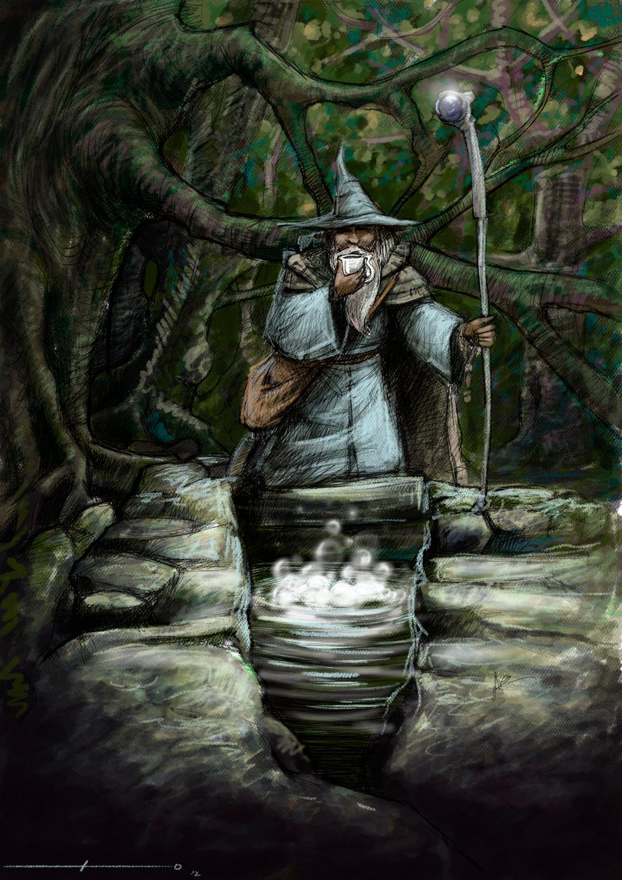 Egy druida ábrázolása a csodálatos Barenton szökőkútnál, a broceliandei erdőben - Alessandro Lonati illusztrációja - 2012 - alkotó: Alessandro Lonati