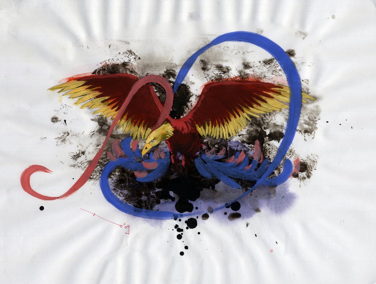 A mesés phenix (vagy főnix) állat ábrázolása, amely a kínai (fenghuang), a perzsa (simurgh), a görög és a római mitológiákban jelenik meg. Alessandro Lonati színes rajza. alkotó: Alessandro Lonati