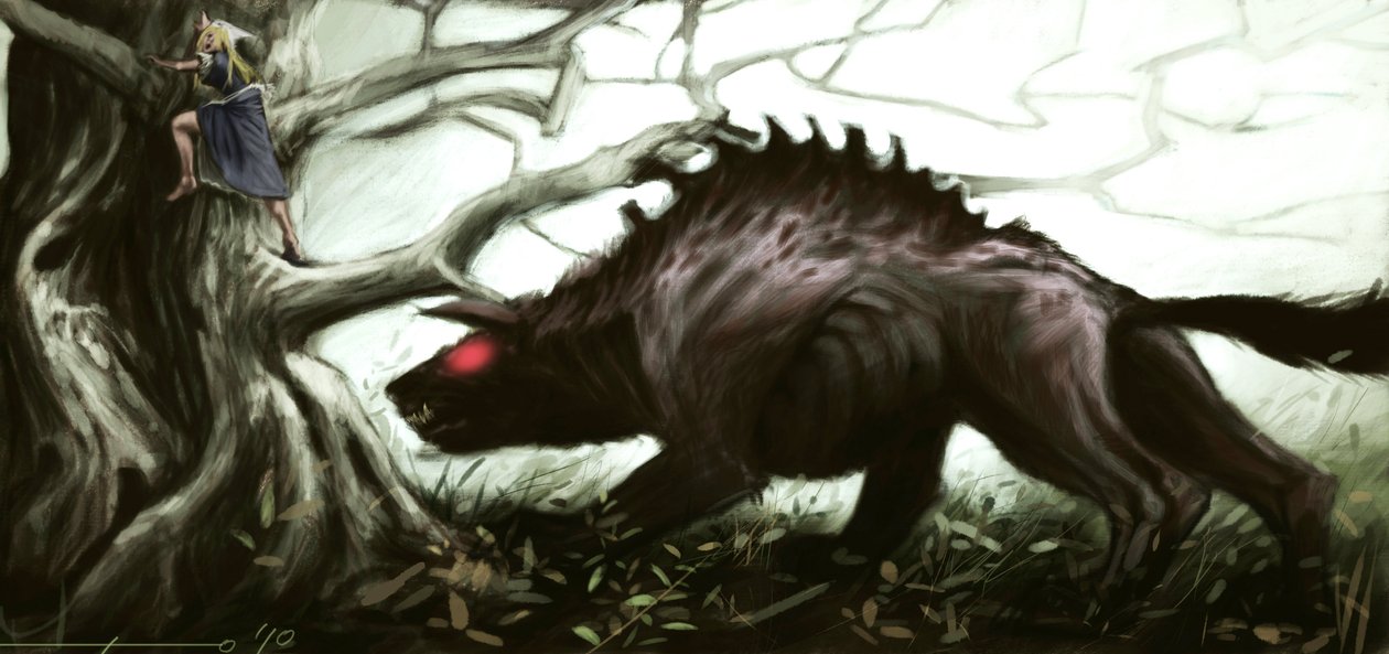 Gevaudan legendás bétájának ábrázolása, aki megtámad egy fán ülő kislányt. Illusztráció: Alessandro Lonati, 2010. alkotó: Alessandro Lonati