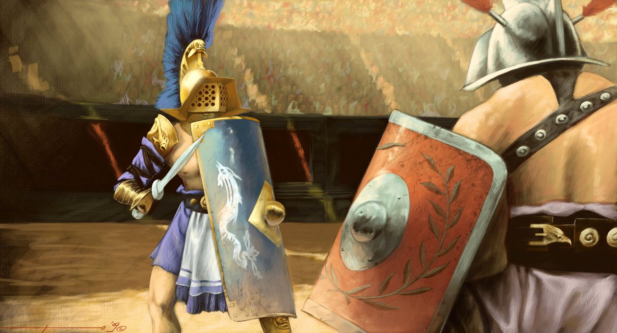 Római művészet: gladiátorok párharca egy mirmillo gladiátor (balra) és egy trákia között egy amfiteátrumban. Alessandro Lonati rajza alkotó: Alessandro Lonati