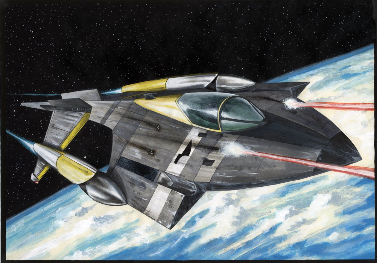 Sci-fi illusztráció: A világűr vagy az univerzum meghódítására szolgáló űrűrhajó lézersugarakat húz a Föld bolygó fölé. Alessandro Lonati rajza alkotó: Alessandro Lonati