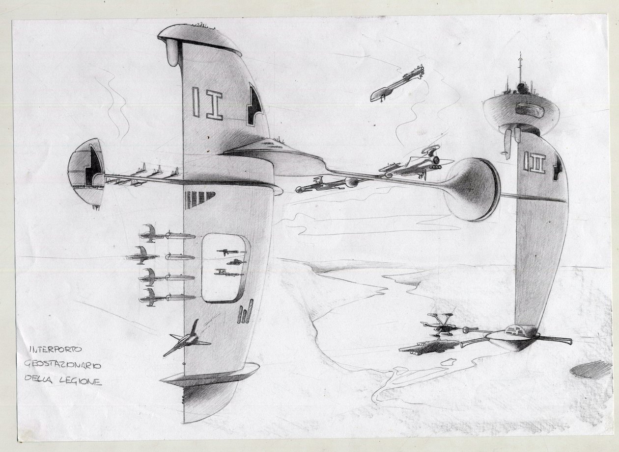 Sci-fi illusztráció: űrbázis a világegyetemben hajókkal. Alessandro Lonati rajza alkotó: Alessandro Lonati