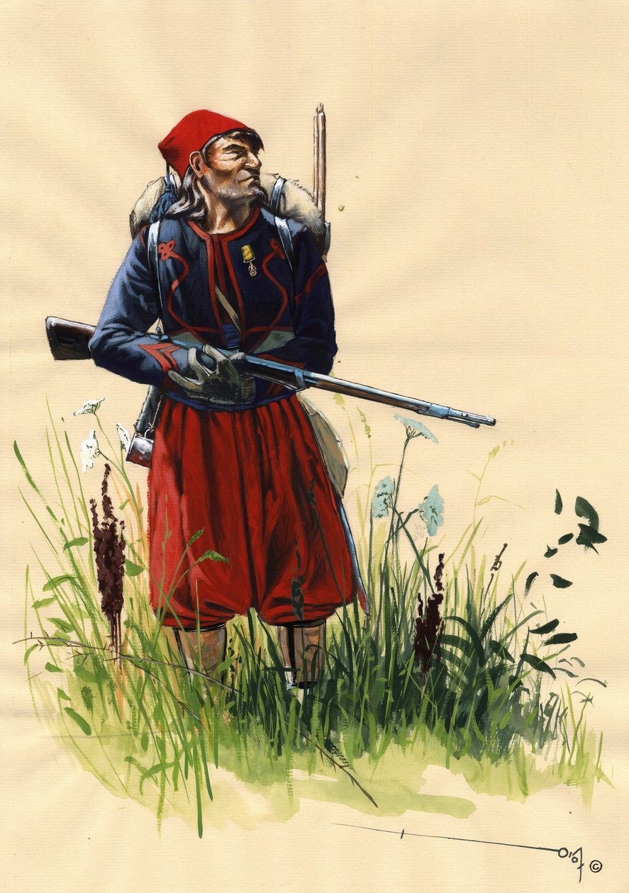 Második Birodalom (1852-1870): III. Napóleon francia hadsereg Zouave katonája az 1859-es olasz hadjárat során (1859. június 24-i solferinói csata vagy 1859. június 4-i bíborvörös csata). Alessandro Lonati rajza alkotó: Alessandro Lonati