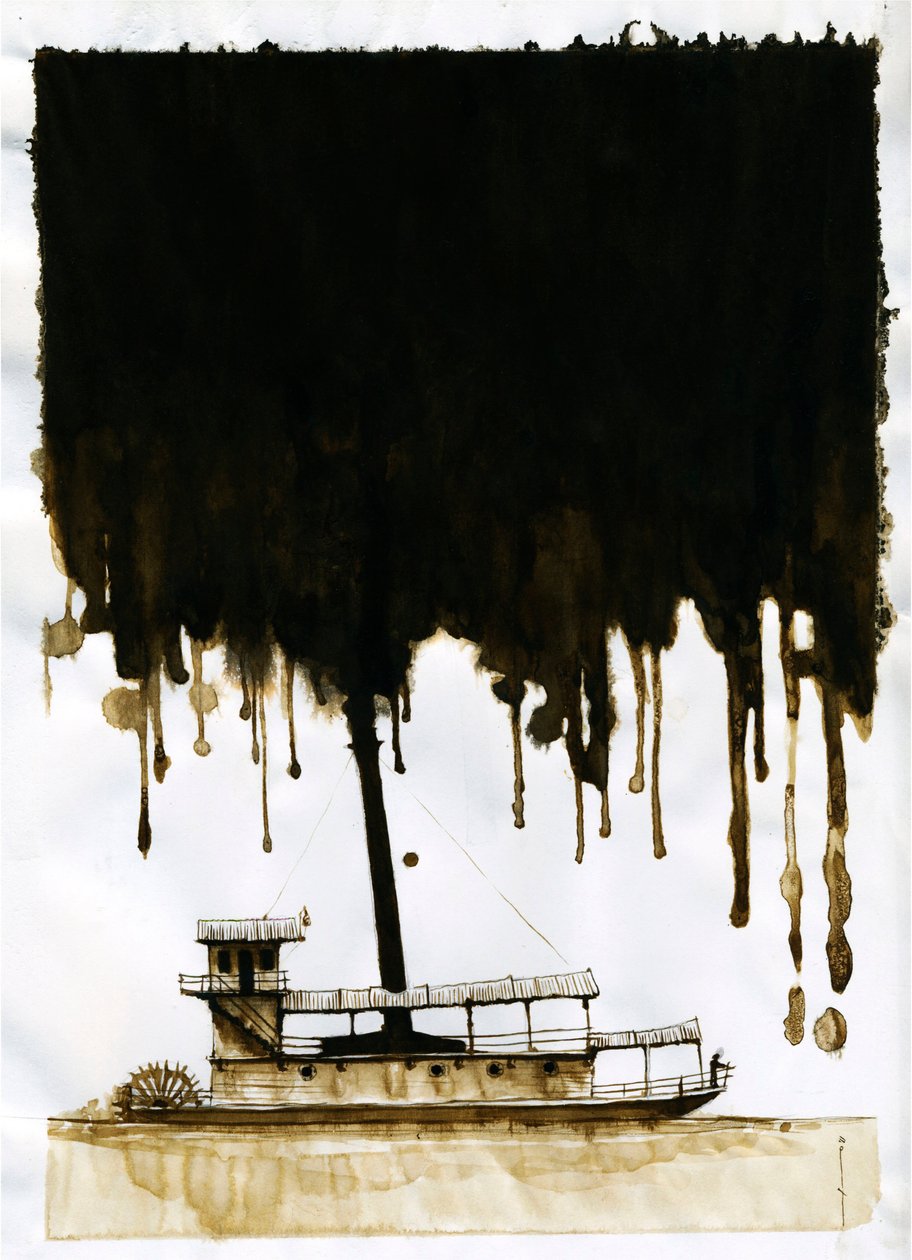 Gőzhajó Illusztráció az új „” A sötétség szívében” című művéről, Joseph Conrad. 2012 alkotó: Alessandro Lonati