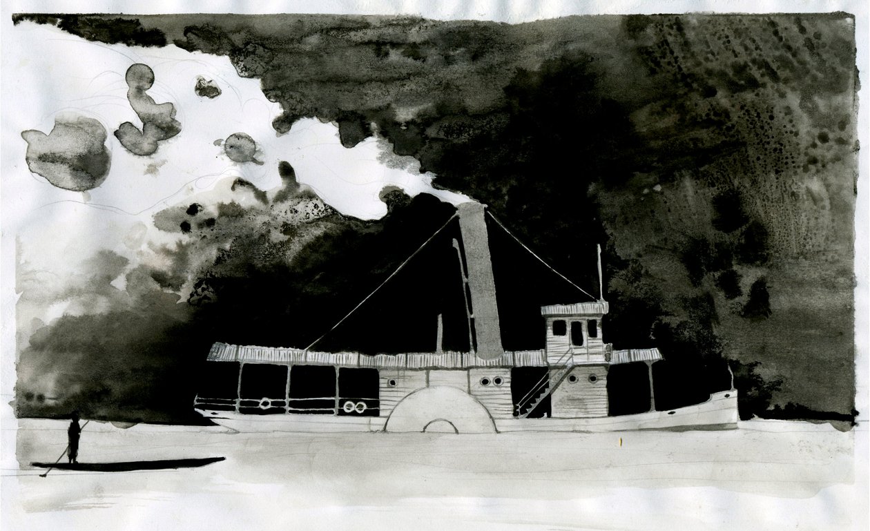 Gőzhajó Illusztráció az új „” A sötétség szívében” című művéről, Joseph Conrad. 2012 alkotó: Alessandro Lonati