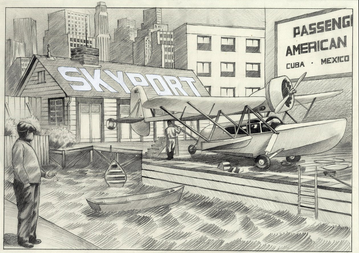 USA, New York: kilátás a tengeri repülőtérre, egy hidroplánnal, amely dekorációra vár az 1950-es években. Alessandro Lonati rajza alkotó: Alessandro Lonati