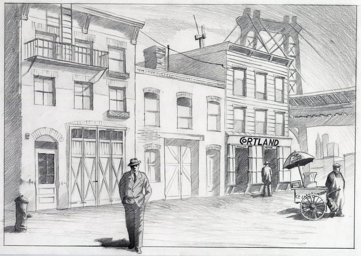 Egyesült Államok, New York: kilátás egy utcára a város szomszédságából az 1950-es években. Alessandro Lonati rajza alkotó: Alessandro Lonati