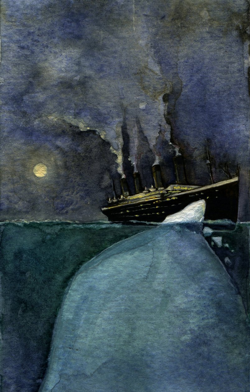 A Titanic transzatlanti vonalhajó képe az 1912. április 14-i és 15-i elsüllyedés idején, amelyet a jéghegynek való ütközés okozott. Illusztráció: Alessandro Lonati. 2011 alkotó: Alessandro Lonati