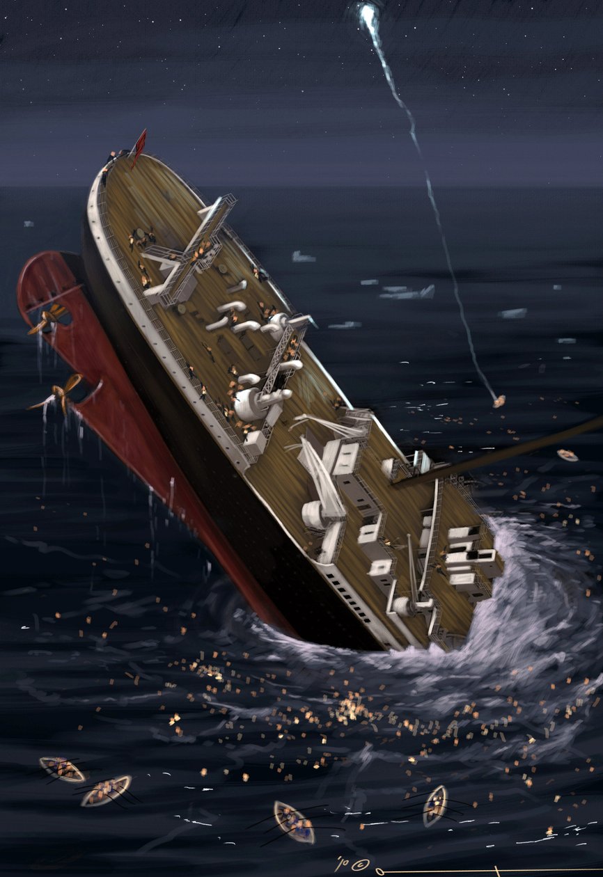 A Titanic transzatlanti vonalhajó képe az 1912. április 14-i és 15-i elsüllyedés idején. Alesandro Lonati illusztrációja. 2010 alkotó: Alessandro Lonati