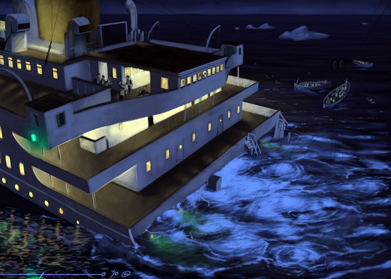 A Titanic transzatlanti vonalhajó képe az 1912. április 14-i és 15-i elsüllyedés idején. Alesandro Lonati illusztrációja. 2010 alkotó: Alessandro Lonati