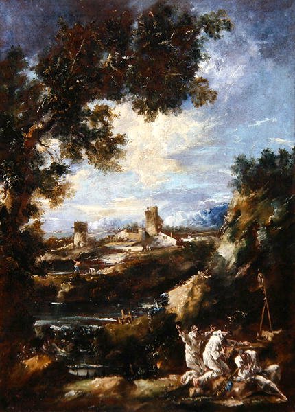 Tájkép karmelita testvérekkel imádkoznak egy út menti szentélyben, 1720 körül (olaj, vászon) alkotó: Alessandro Magnasco