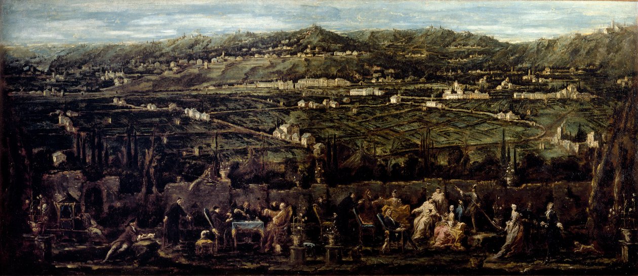 Nappali az Albaro Mondanites szabadtéri kertjében. Alessandro Magnasco festménye: il Lissandrino (1667-1749) 1735 a Galleria di Palazzo Bianco környékén, Genes alkotó: Alessandro Magnasco