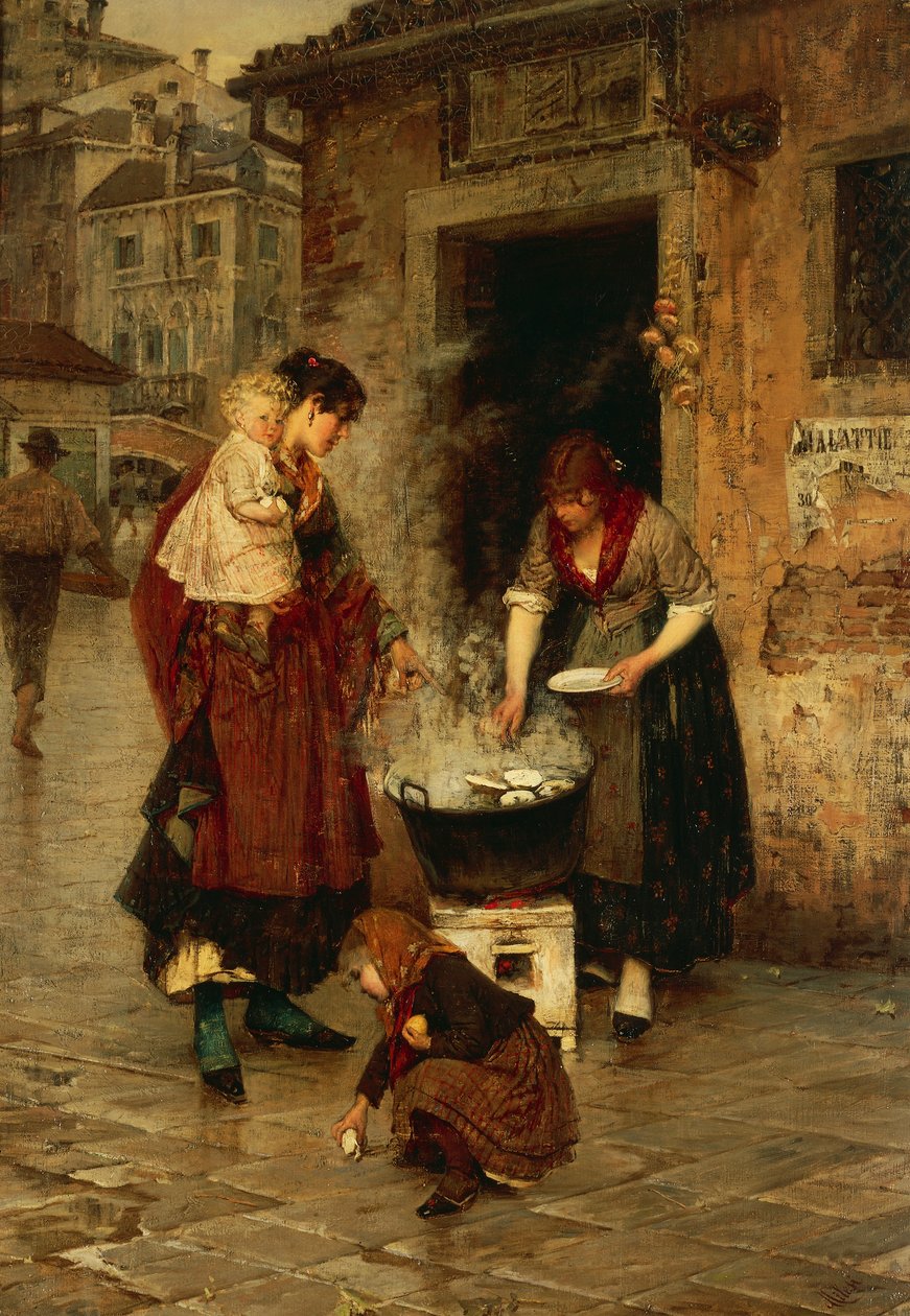 Kagylóárus Velencében, Alessandro Milesi (1856-1945), olaj, vászon, 91x65 cm. Olaszország, XX. század. alkotó: Alessandro Milesi