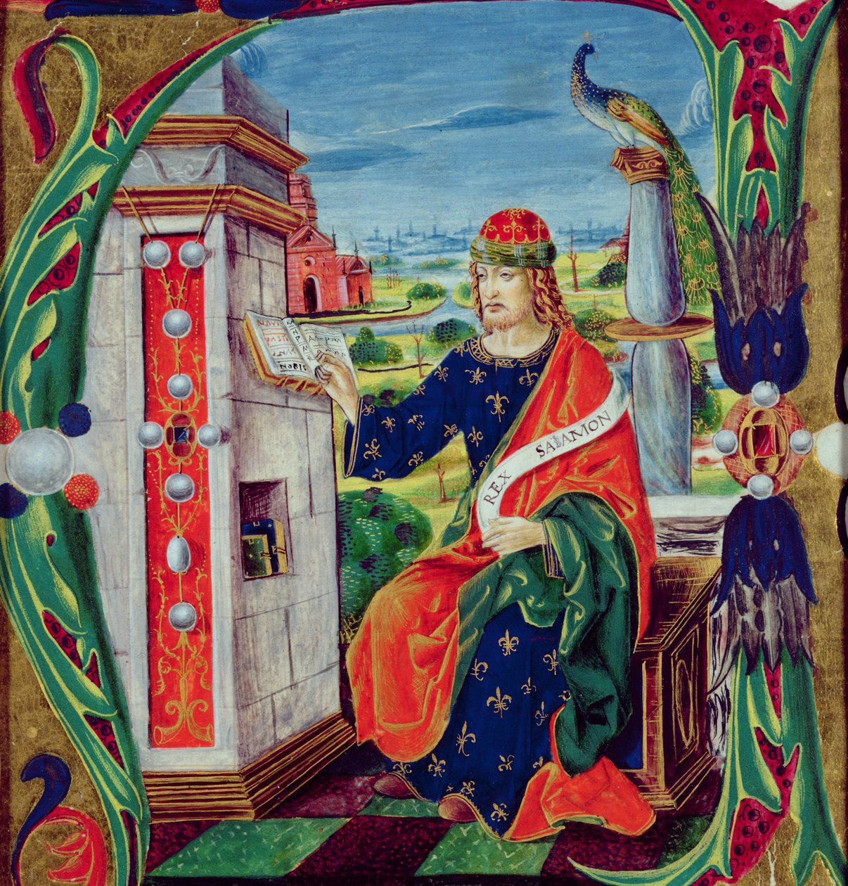 Történelmi kezdetű „A”, amely Salamon királyt ábrázolja, Lombardia Iskola, 1499-1511 körül alkotó: Alessandro Pampurino