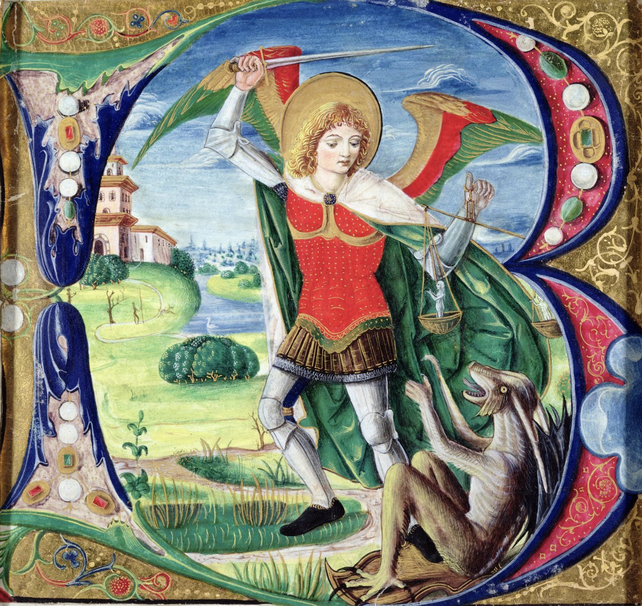 Történelmi kezdetű „B”, amely Szent Mihályt és a Sárkányt ábrázolja, 1499-1511 alkotó: Alessandro Pampurino
