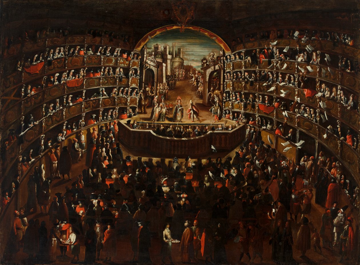 Színház, a „Bernice Vendicativa” opera jelenetével a Színpadon alkotó: Alessandro Piazza
