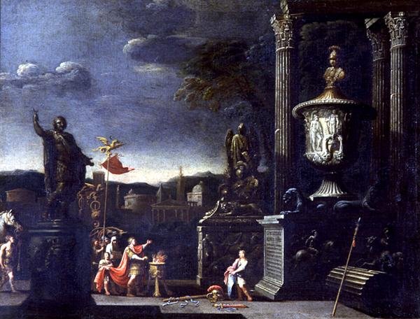 Nézet egy áldozat jelenetével (olaj, panel) alkotó: Alessandro Salucci