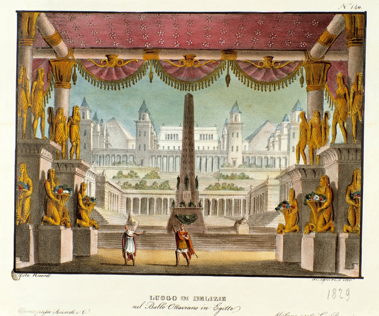 Ízletes hely: kilátás a templom belsejéből szobrokkal Giovanni Galzerani (1780-1865) (1828) olasz koreográfus „”Octavianus in Egypt”” című balettjéhez. Litográfia „” Alexander festői találmányok gyűjteményében 1830-ból alkotó: Alessandro Sanquirico
