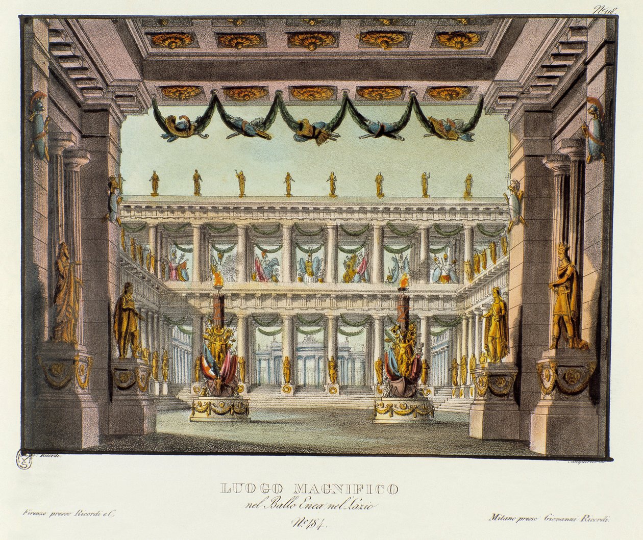 Csodálatos hely: egy templom képe Giuseppe Sarti „Enea nel Lazio” (1799) című lírai drámájának ábrázolásához készült szcenográfia. Litográfia a „” Alessandro Sanquirico (1777-1849) festői találmányainak gyűjteménye 1830-ból”. Privát milánói alkotó: Alessandro Sanquirico