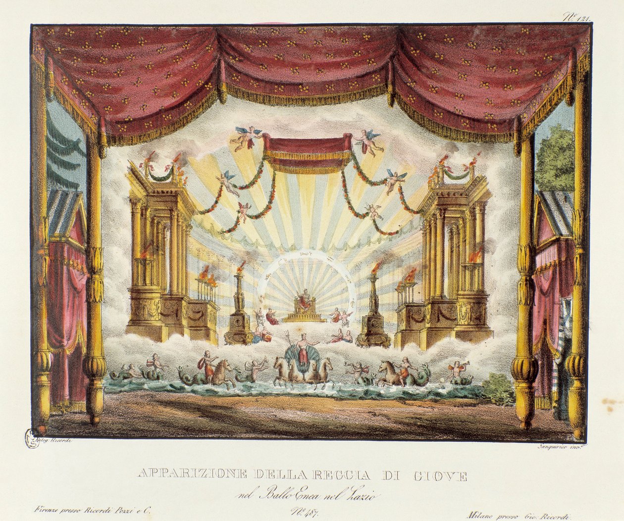A Jupiter-szcenográfia királyságának megjelenése Giuseppe Sarti "Enea nel Lazio" (1799) című operadrámájának ábrázolására. Litográfia a „” Alessandro Sanquirico (1777-1849) festői találmányainak gyűjteménye 1830-ból”. milánói magánezr alkotó: Alessandro Sanquirico