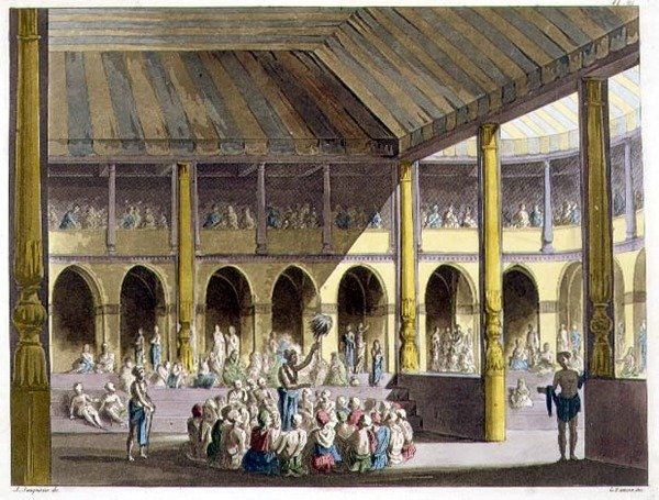 Brahminok énekelve dicsérik Ráma istent, az „Il costume antico e moderno...” című művéből, amelyet Giulio Ferrario (1767-1847) pub állított össze. Róma alkotó: Alessandro Sanquirico