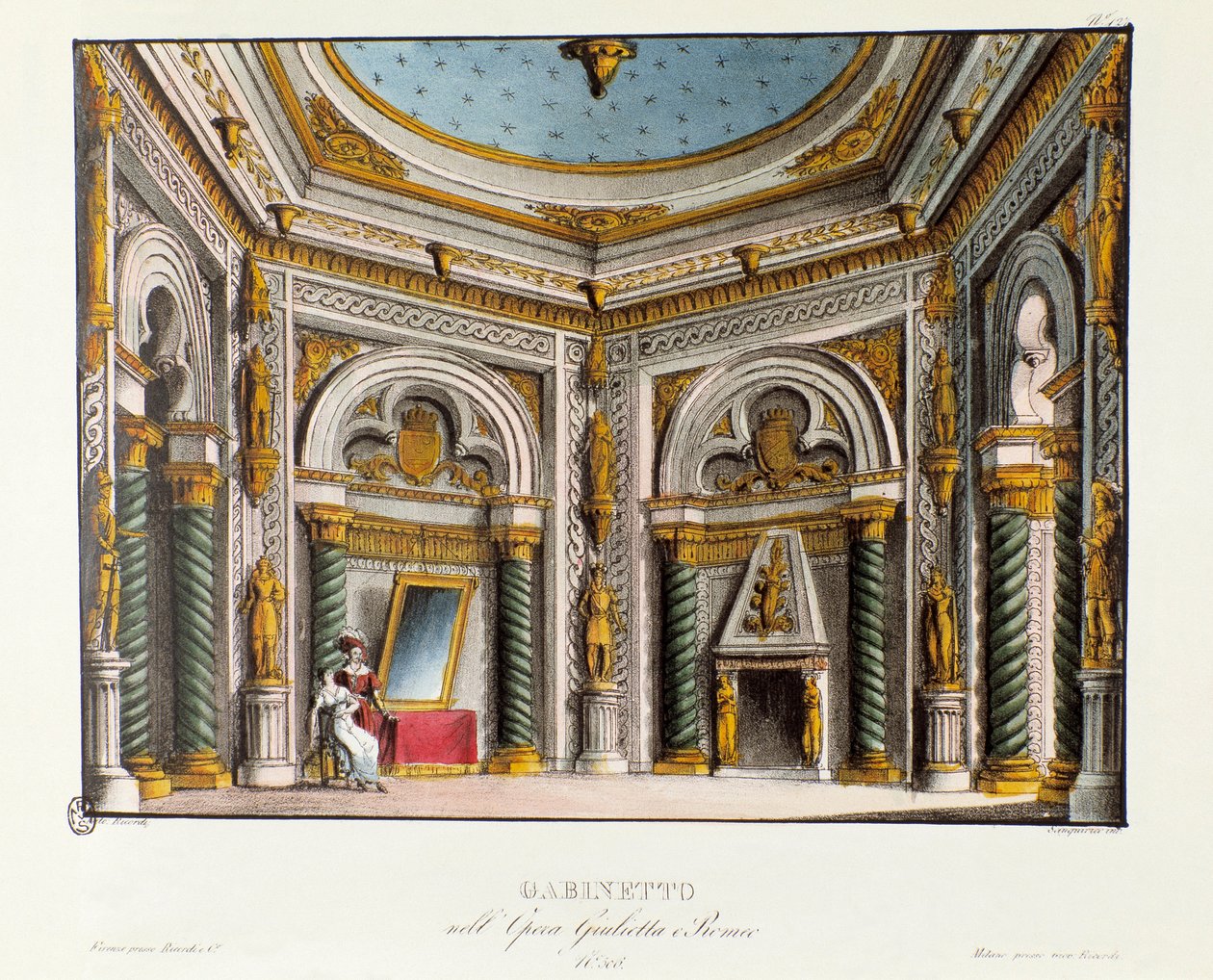 Júlia magánlakásai Niccolo Antonio Zingarelli „Giulietta e Romeo” (Júlia és Rómeó) (1796) című operájának a Teatro Carcano 1829-es előadásának szcenográfiája William Shakespeare „Rómeó és Júlia” című darabja után. Litográfia a „” Rac alkotó: Alessandro Sanquirico