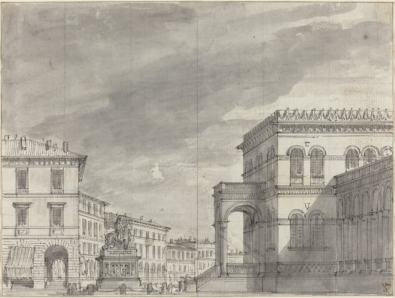 Piazza lovas emlékművel és palotával alkotó: Alessandro Sanquirico