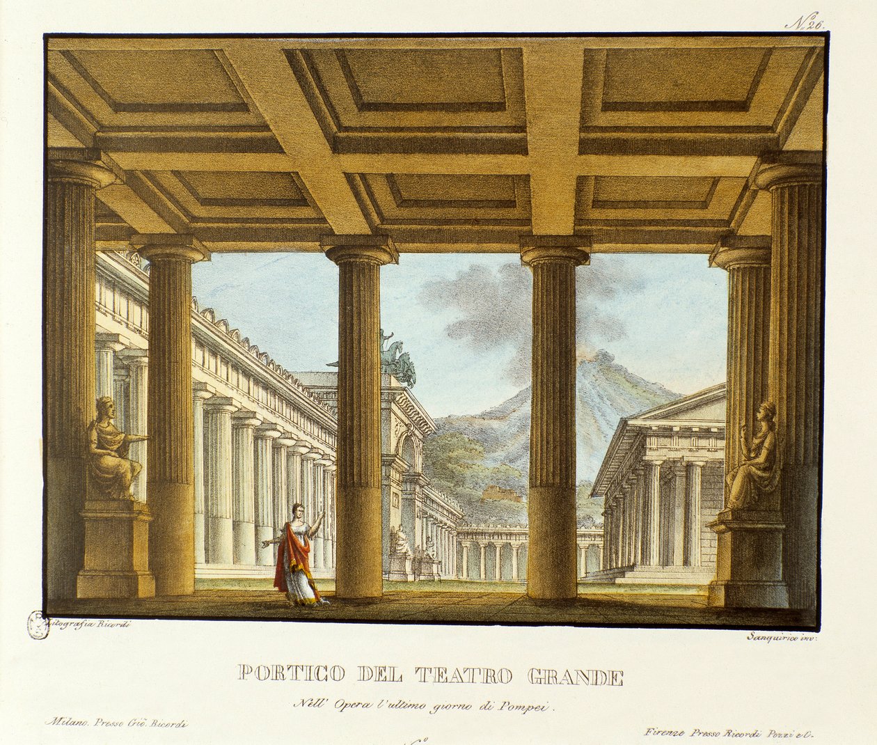 A Pompeii Nagy Színház portékája, a háttérben a Vezúv-szcenográfia Giovanni Pacini „L