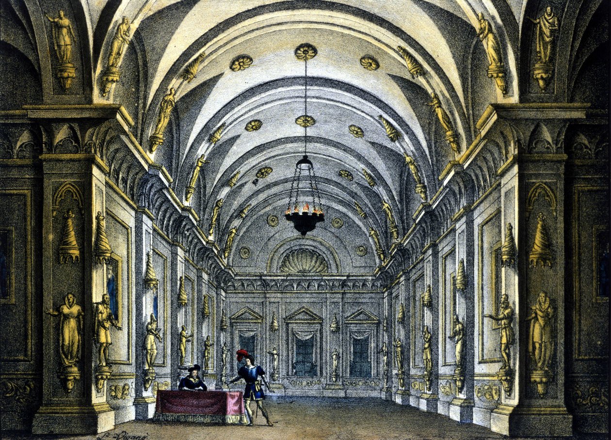 Sanquirico szcenográfiája Gaetano Donizetti (1797-1848) „Anna Bolena” című operájához a milánói Teatro Carcanóban. alkotó: Alessandro Sanquirico