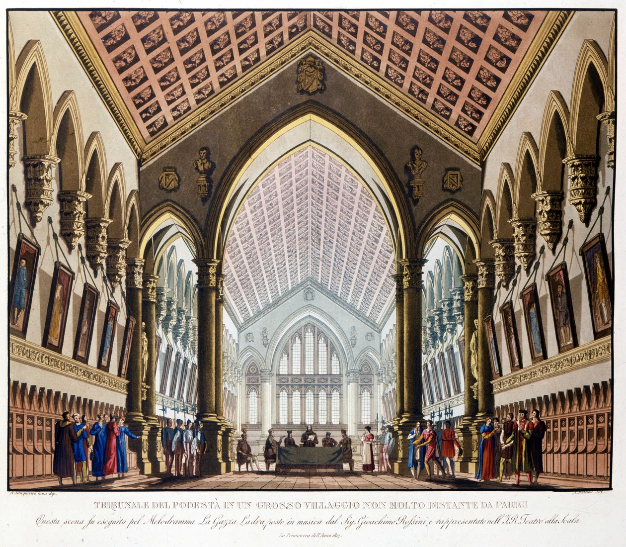 Sanquirico szcenográfiája Gioacchino Rossini „La gazza ladra” című operájához a milánói Teatro alla Scalában 1817-ben: a Párizs melletti Tribunal du Podestatban. alkotó: Alessandro Sanquirico