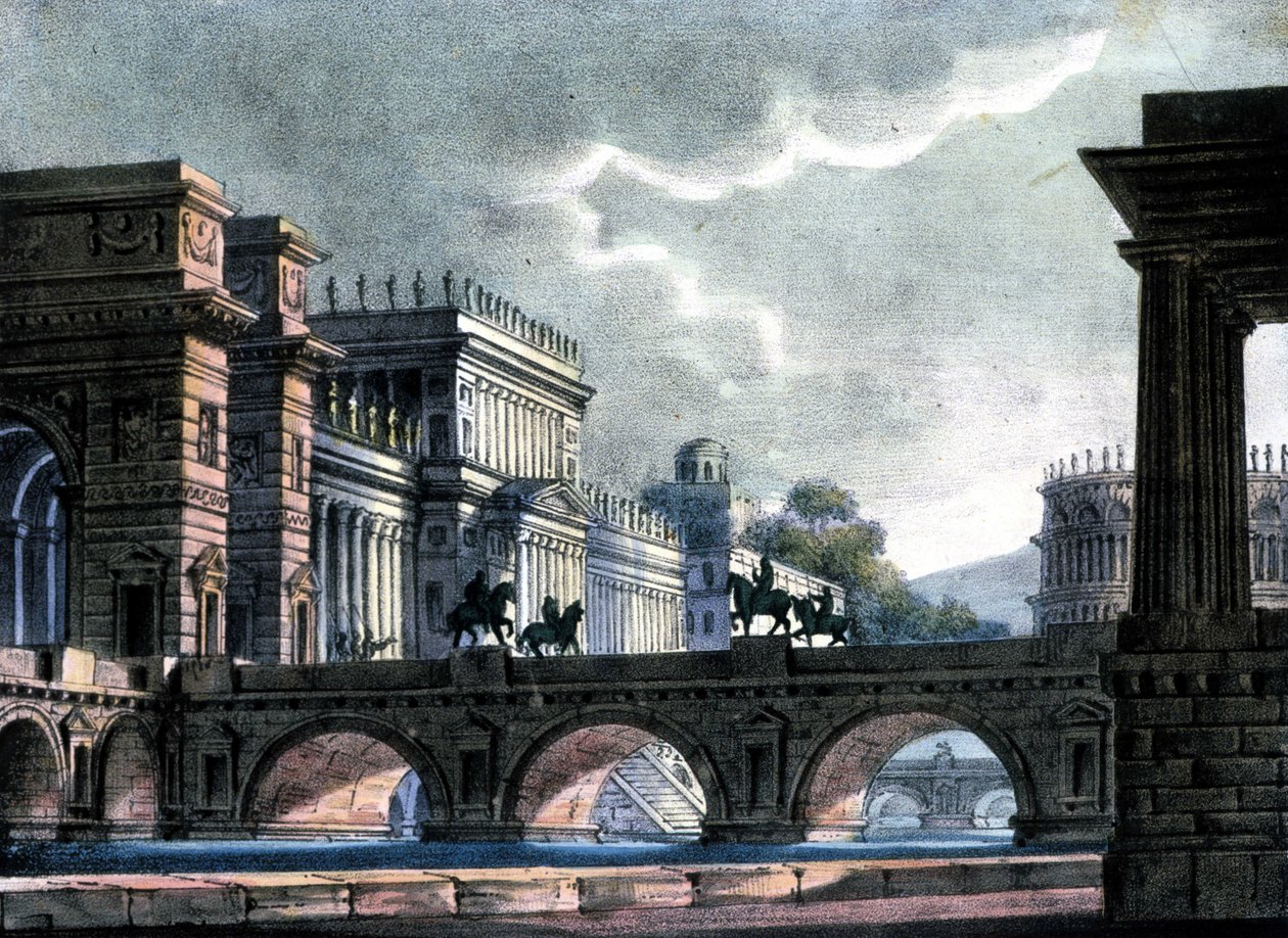 Sanquirico szcenográfiája Gaetano Donizetti „Róma száműzetése” című operájához, La Scala alkotó: Alessandro Sanquirico