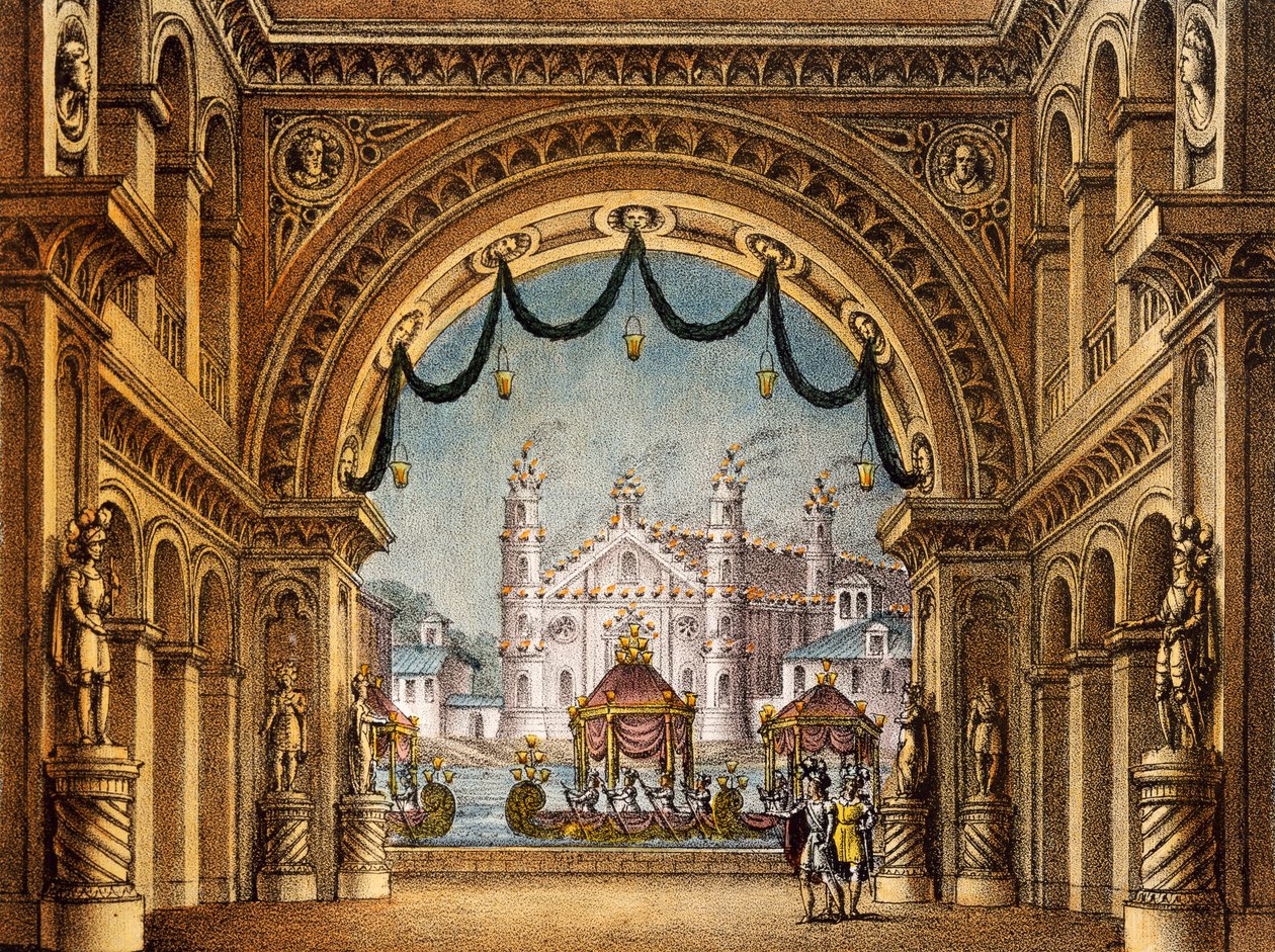 Alessandro Sanquirico (1777-1849) díszletterve a La Straniera (Az idegen nő) számára, Vincenzo Bellini (1801-1835) munkája alkotó: Alessandro Sanquirico