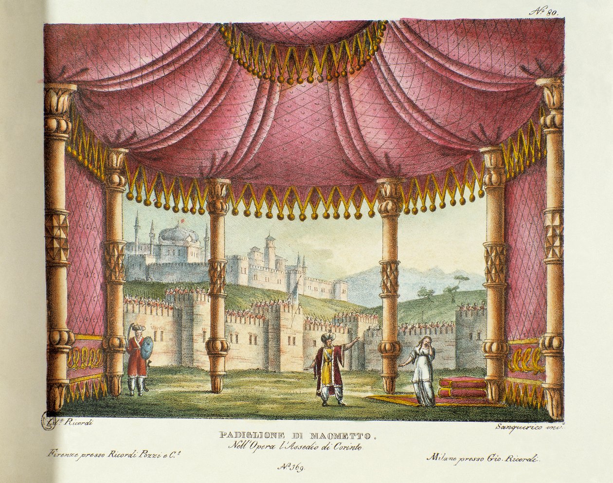 Mohamed pavilonja (II. felvonás) A milánói Teatro alla scala 1829-es, Gioacchino Rossini (vagy Gioachino) „Korinthosz ostroma” (vagy Korinthosz ostroma) című operájának (1826) című operájának forgatókönyve. Litográfia a „” találmányok gyűjteményében alkotó: Alessandro Sanquirico